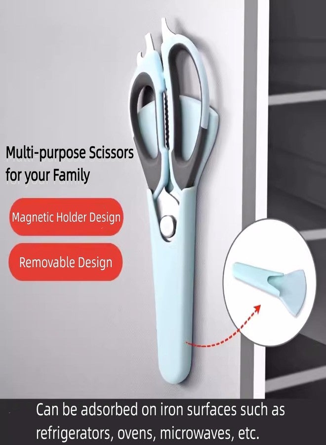 Funnytek Multifunction Kitchen Food Scissors, 6-in-1 Stainless Steel Detachable Kitchen Shears with Magnetic Holder, Household Scissors for Meat, Fish, Vegetable, BBQ (Blue-grey) - Image 3